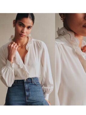 Sezane Chlo Silk Blouse Ecru Ivory White French Classic Causal FR40/US8